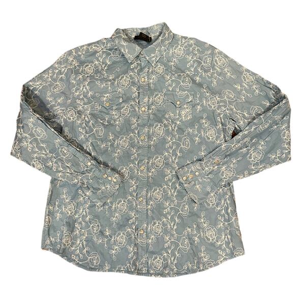 Ariat Womens XXL Blue Pearl Snap Button Down Shirt with White Embroidered Floral - Picture 1 of 8